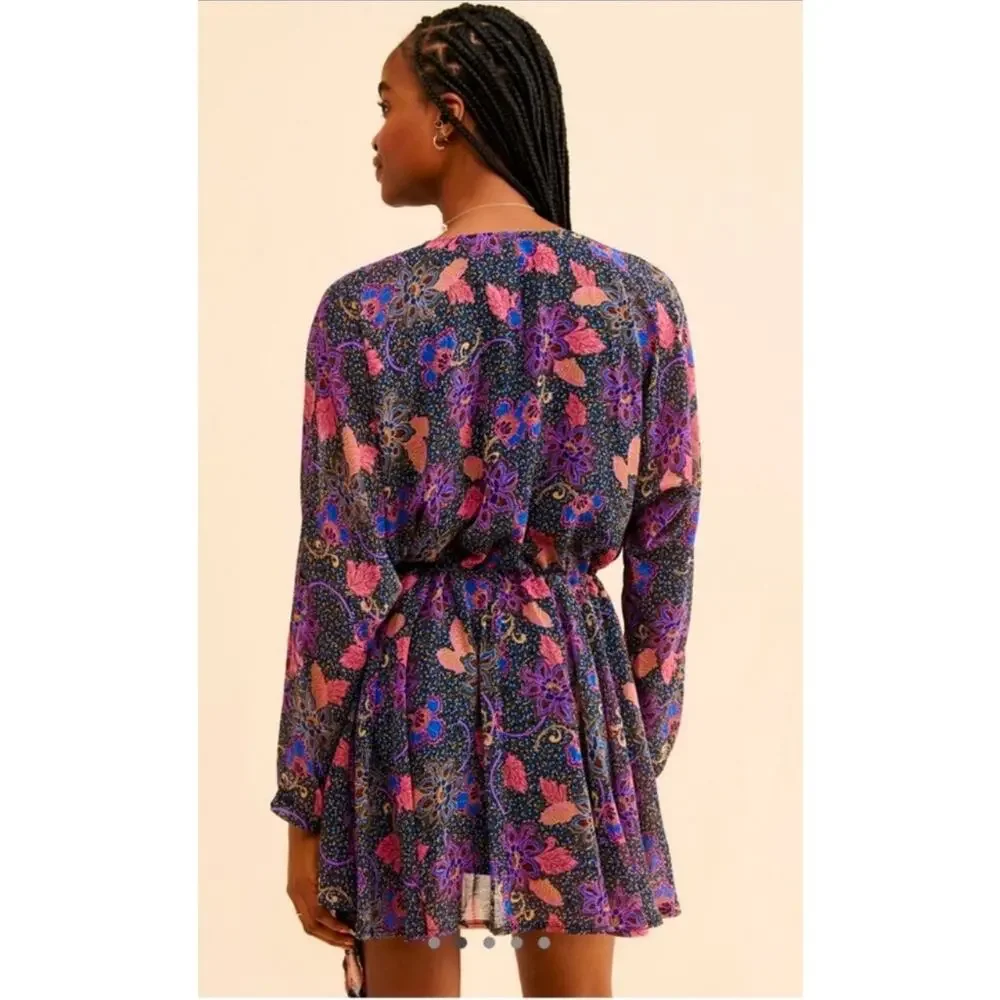 FREE PEOPLE TEEGAN MINI DRESS IN TWILIGHT COMBO  FAUX WRAP LONG SLEEVES BOHO-NEW